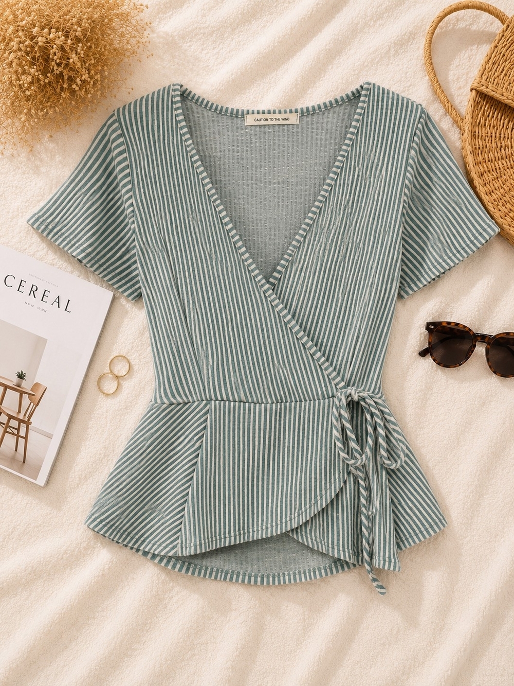 Sage Stripe Wrap Peplum Top